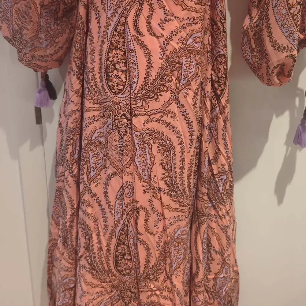 Free People Mirage Long Sleeve Maxi Dress in Peach Combo Pink Paisley size 2 - Picture 3 of 5